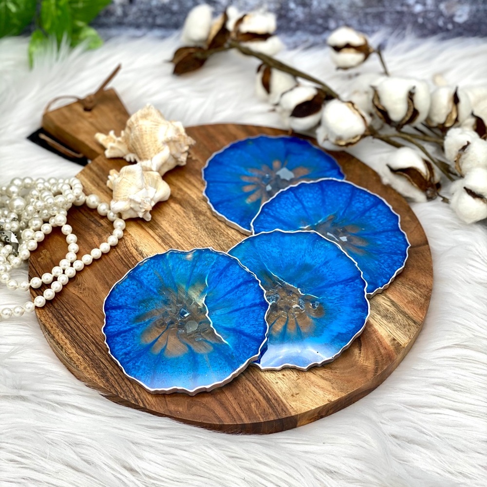 Set of Blue Silver coasters Resin Geode Modern coasters and Crushed glass